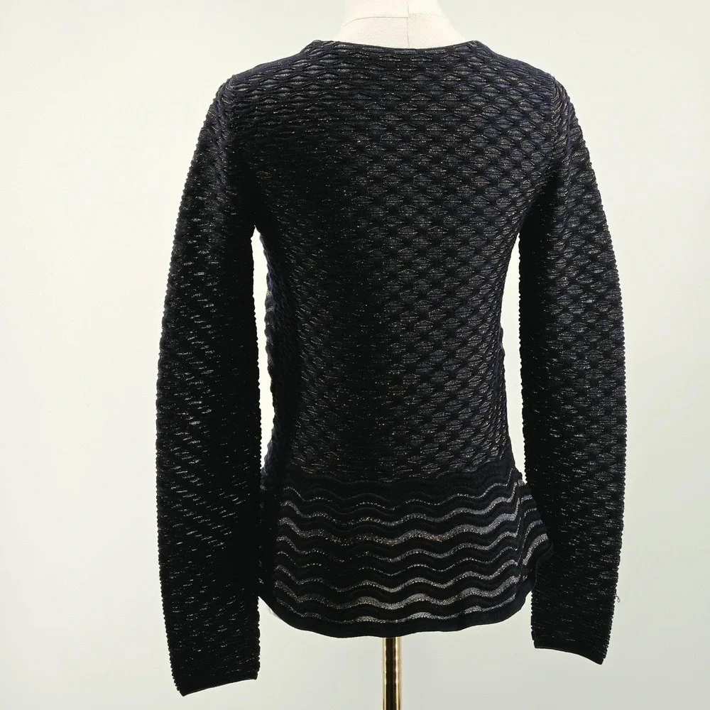 Tory‎ Burch Sweater Womens S Navy Metallic Wave Knit Crewneck Pullover Fitted